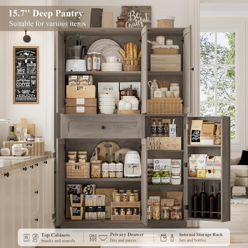 HOSTACK 68' Tall Kitchen Pantry Storage Cabinet, Modern Kitchen Hutch Cabinet with Doors and Shelves, Freestanding Food Pantry with Large Storage Drawer for Dining Room, Living Room, Ash Gray