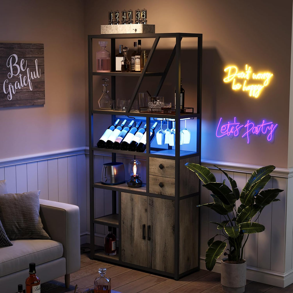 TrailBlaze Tall Wine Bar Cabinet with LED Lights and Power Outlets – Glass Holder, Wine Rack, Kitchen Bakers Rack, Coffee Bar Station, Microwave Stand Storage – Black Frame + Gray Wood Board