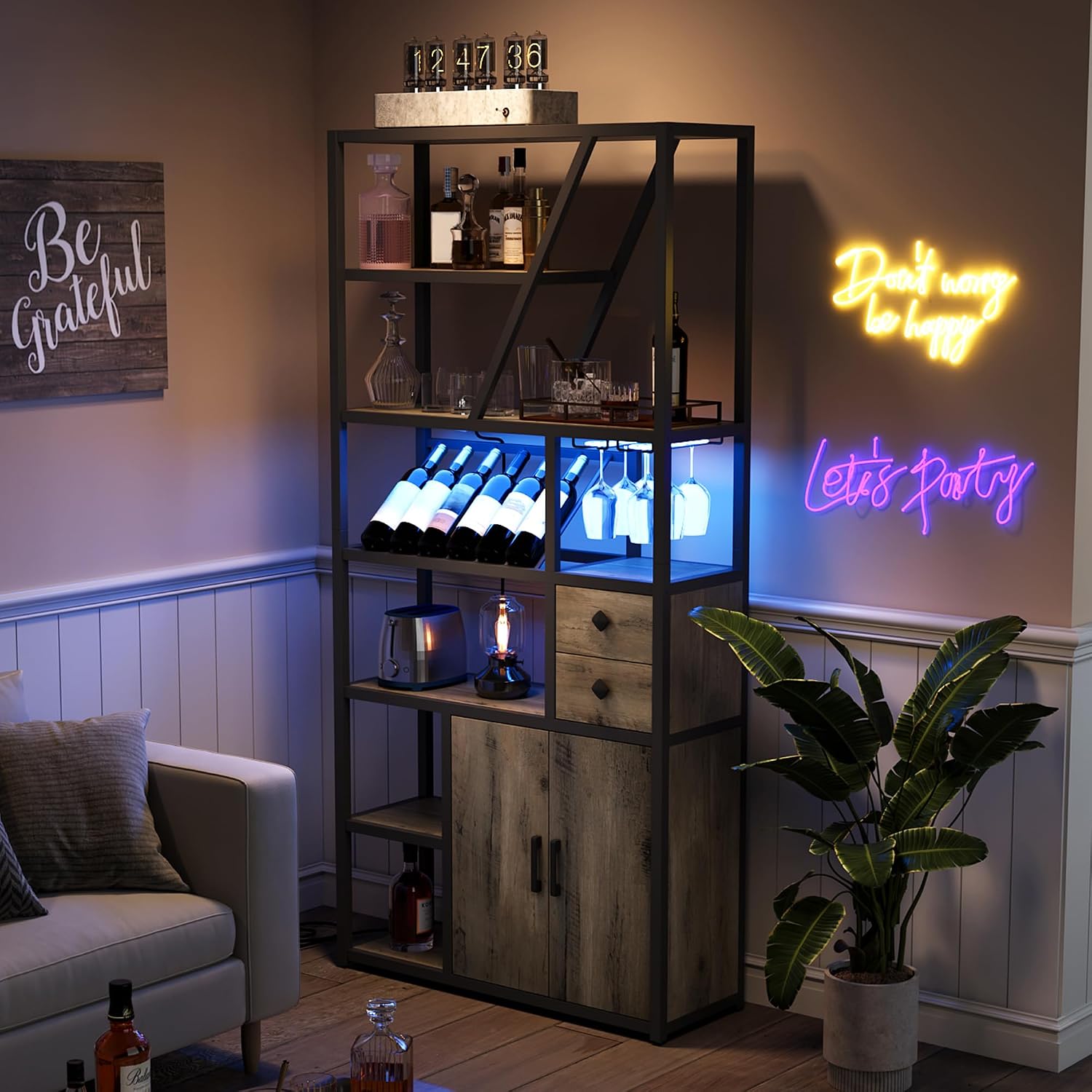 TrailBlaze Tall Wine Bar Cabinet with LED Lights and Power Outlets – Glass Holder, Wine Rack, Kitchen Bakers Rack, Coffee Bar Station, Microwave Stand Storage – Black Frame + Gray Wood Board