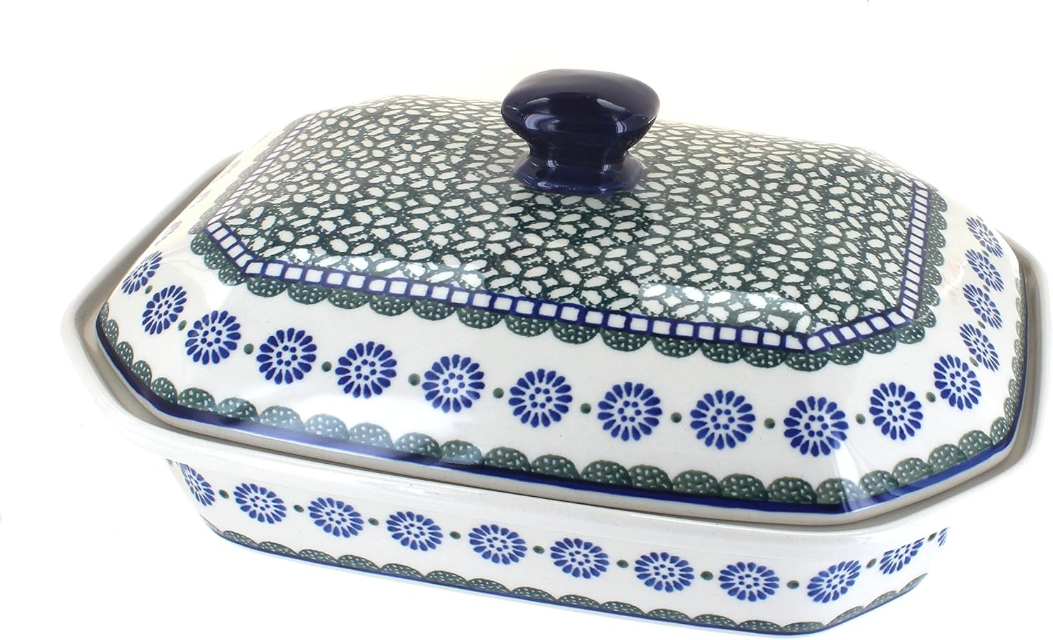 Blue Rose Polish Pottery - Green Maia Large Covered Baker - 6 Cup Capacity - Unique, Dishwasher Safe, & Durable Bakeware
