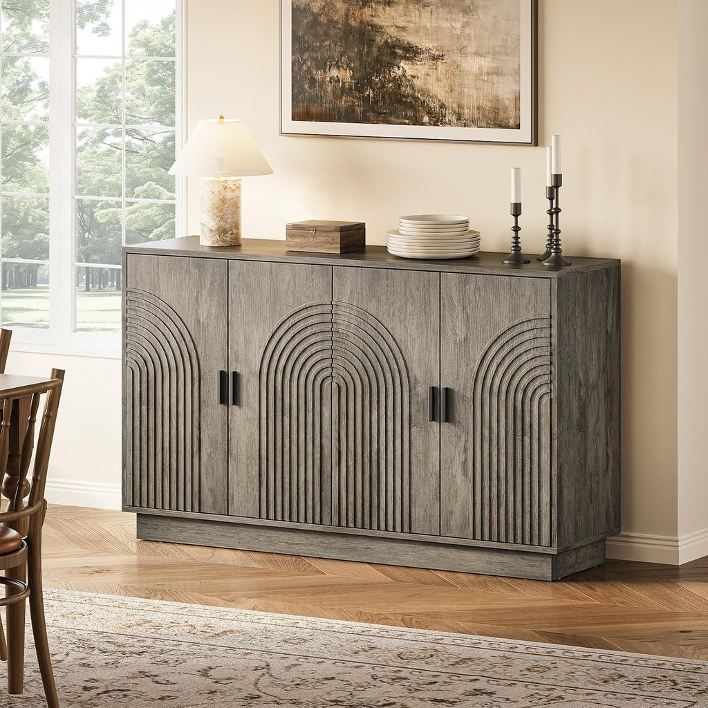 Fluted Sideboard Buffet Cabinet with Storage - 57' Credenza Coffee Bar Cabinet with 4 Doors, Accent Kitchen Storage Cabinets with Adjustable Shelves for Living & Kitchen, Entryway, Modern