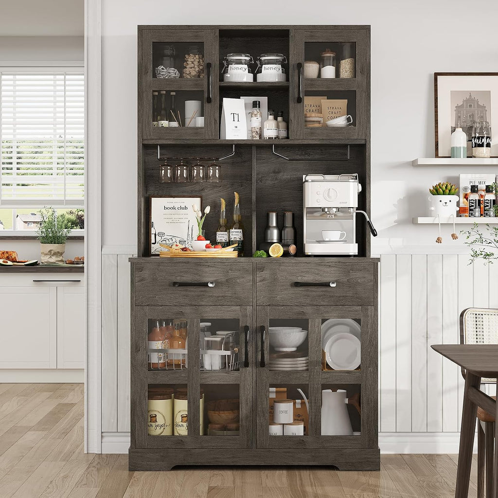 71' Built-in Charging Freestanding Storage Cabinet, Kitchen Storage Bakers Rack with 2-Row Wine Racks, Utility Food Cupboard with Ample Storage for Home, Dark Oak