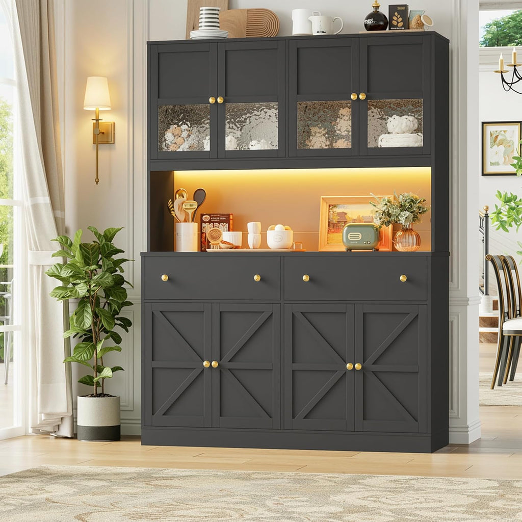 FINETONES 71' Pantry Cabinet with LED Light and Charging Station, Farmhouse Kitchen Pantry Cabinet with Microwave Stand, 47.2' Wide Kitchen Hutch Food Pantry with Open Countertop, Black