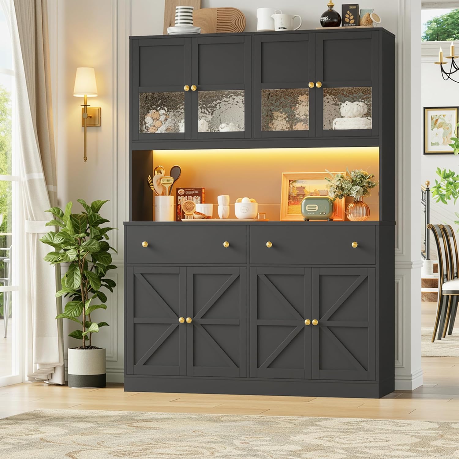 FINETONES 71' Pantry Cabinet with LED Light and Charging Station, Farmhouse Kitchen Pantry Cabinet with Microwave Stand, 47.2' Wide Kitchen Hutch Food Pantry with Open Countertop, Black