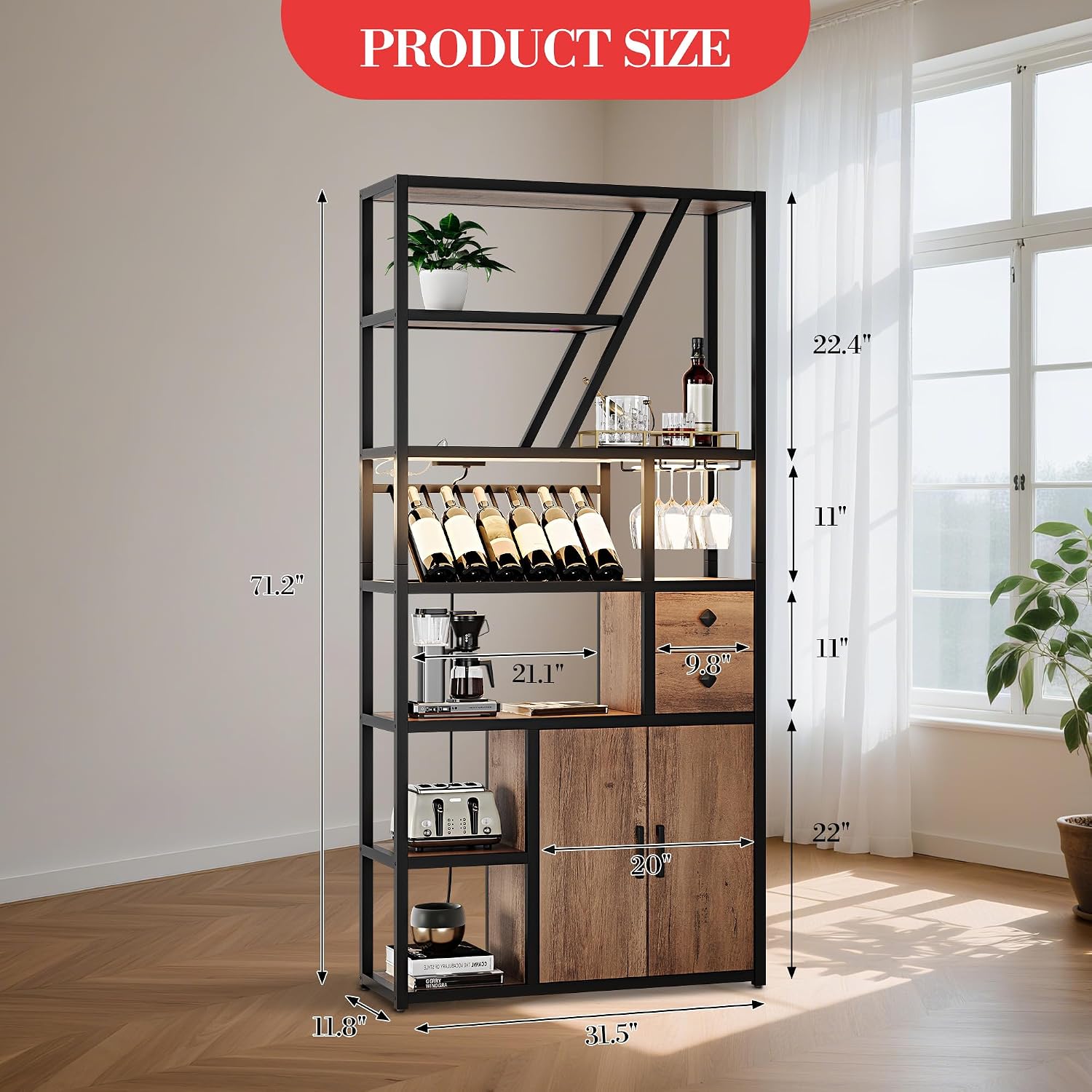 Wine Bar Cabinet with LED Lights, Tall Coffee Bar Station with Power Outlets, Wine Rack, Kitchen Microwave Stand Bakers Rack Cabinet for Living Room - Power Outlets Convenience