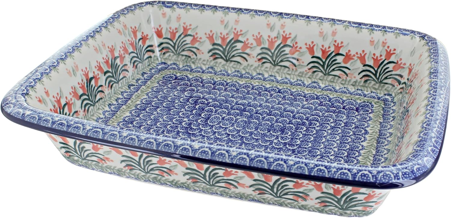 Blue Rose Polish Pottery - Orange Spring Tulip Large Rectangular Baker - 13.75' x 11.25' - Unique, Dishwasher Safe, & Durable Bakeware