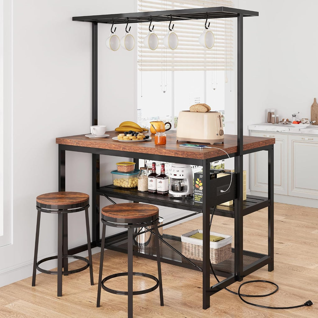47 inch Kitchen Island with Storage & Power Outlets, Large Bakers Rack Microwave Stand with 3-Tier Shelves, 5 Hooks for Pantry Organization, Kitchen Counter Prep Table, Vintage