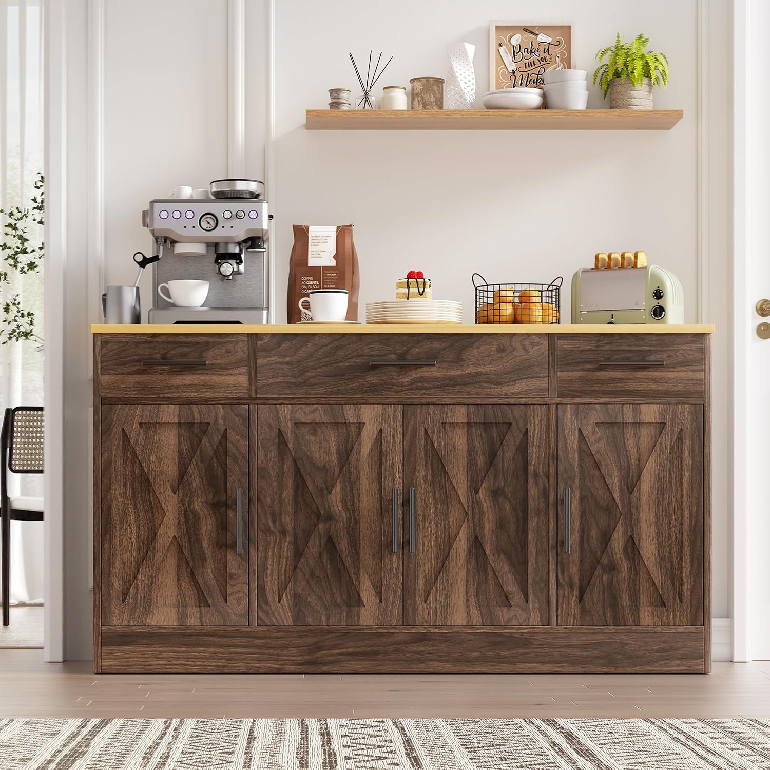 Vongrasig Buffet Cabinet with Drawers, 53' Large Sideboard Buffet Kitchen Storage Cabinet, Modern Farmhouse Coffee Bar with Shelves and Doors, Wood Buffet Table for Kitchen, Dining Room, Rustic Brown