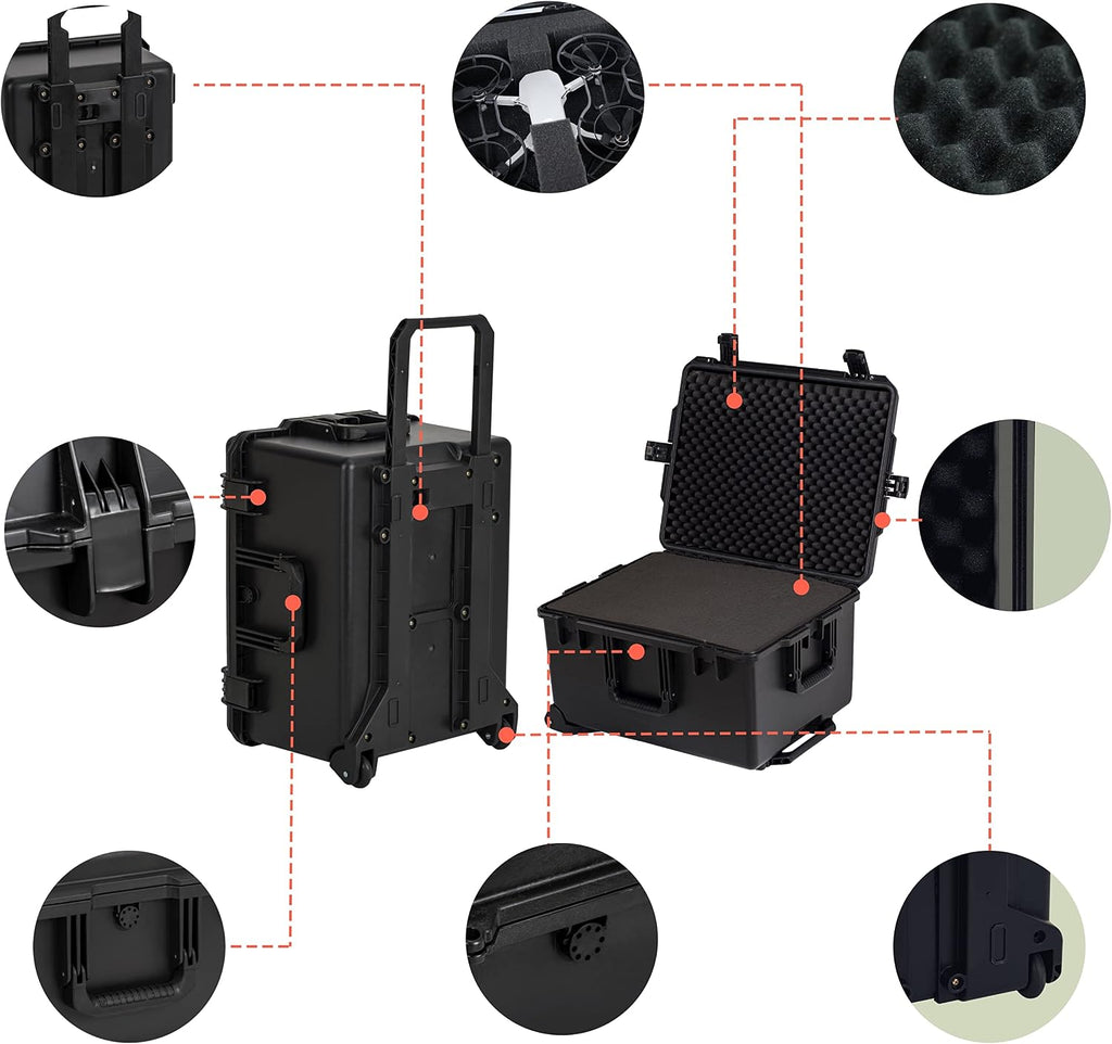 MEIJIA Portable All Weather Waterproof Rolling Hard Camera Case with Customizable Fit Foam and Wheels, 24.6'X19.7'X14.4',Elegant Black
