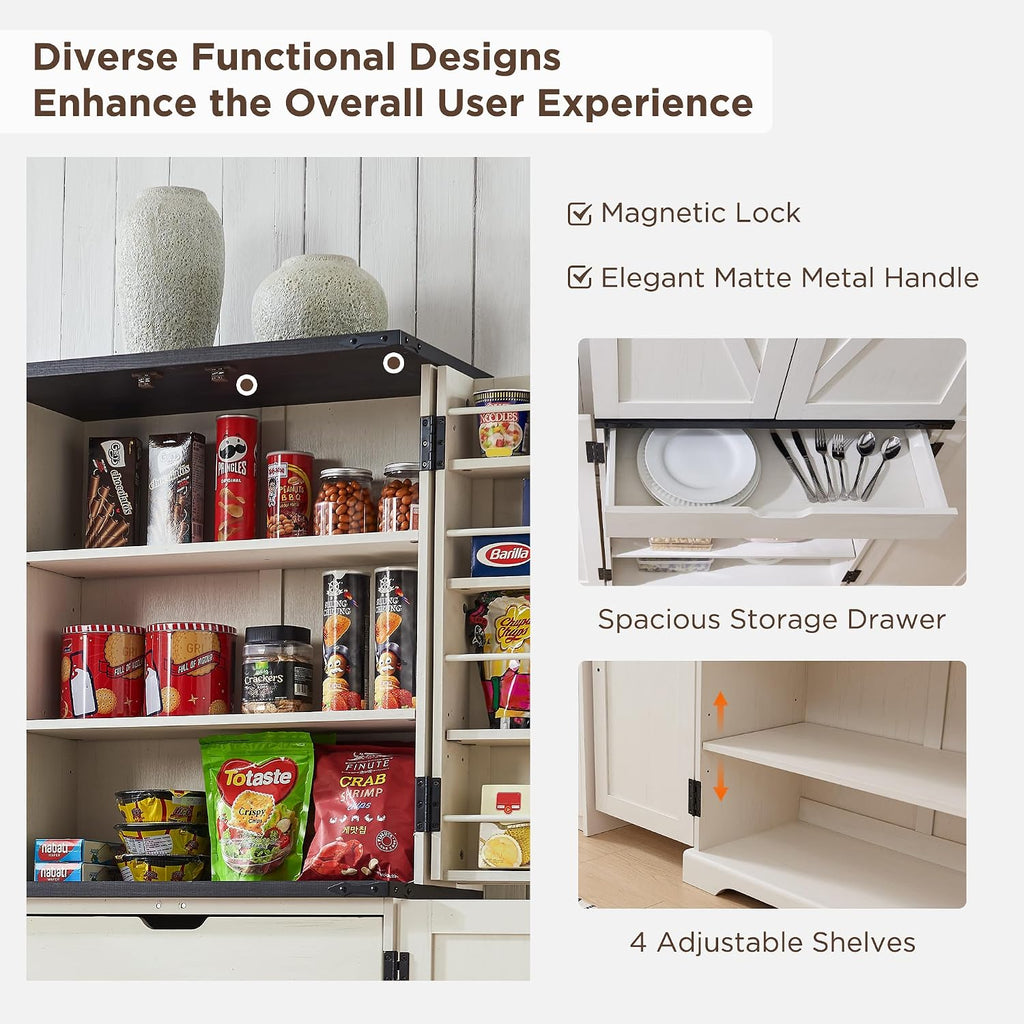 ACCOHOHO 72' Tall Kitchen Pantry, Farmhouse Storage Cabinet with Barn Doors, Organizer, Drawer and Adjustable Shelves, Rustic Wood Cupboard for Kitchen, Dining Room, Bathroom, Off White | Barn Doors