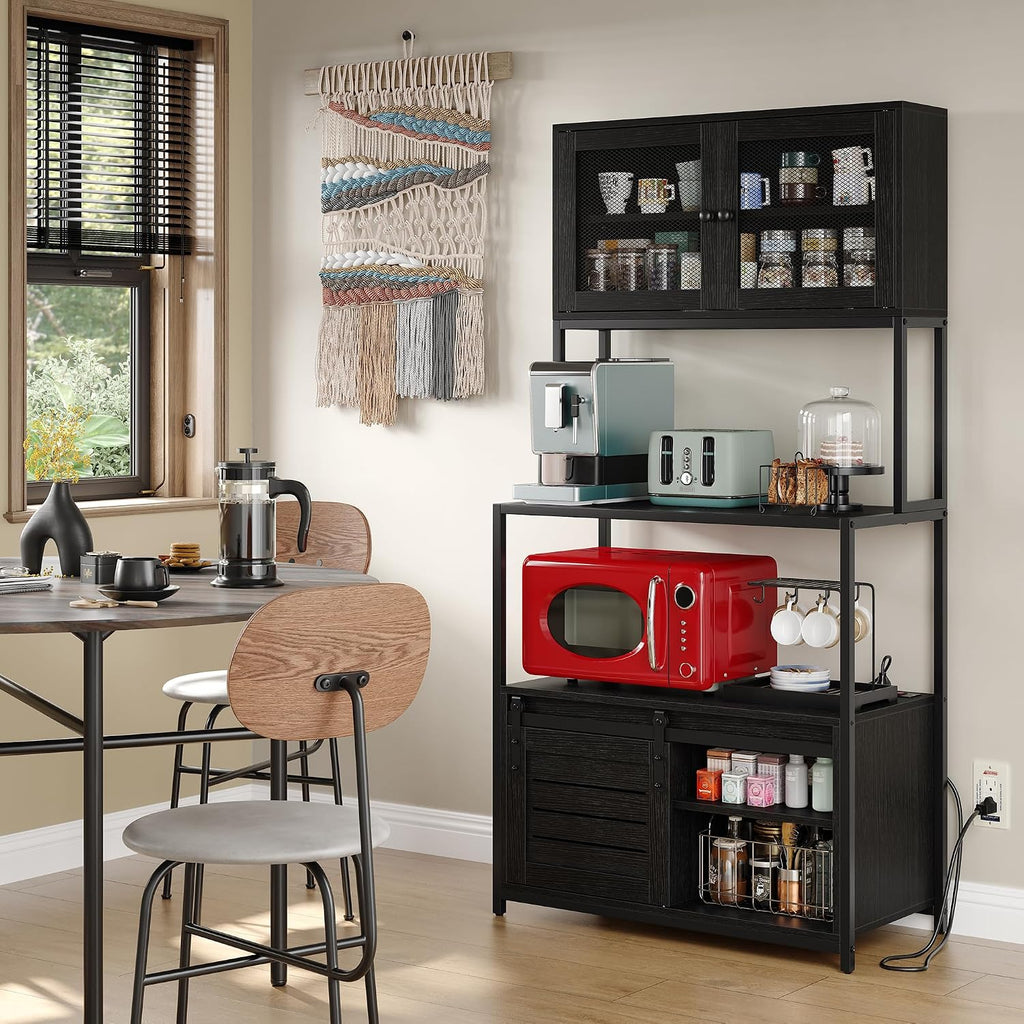 Furniouse 6-Tier Kitchen Bakers Rack with Power Outlet, Industrial Microwave Oven Stand with Shelves, Kitchen Utility Storage Shelf with Cabinet, Standing Storage Rack (Black)