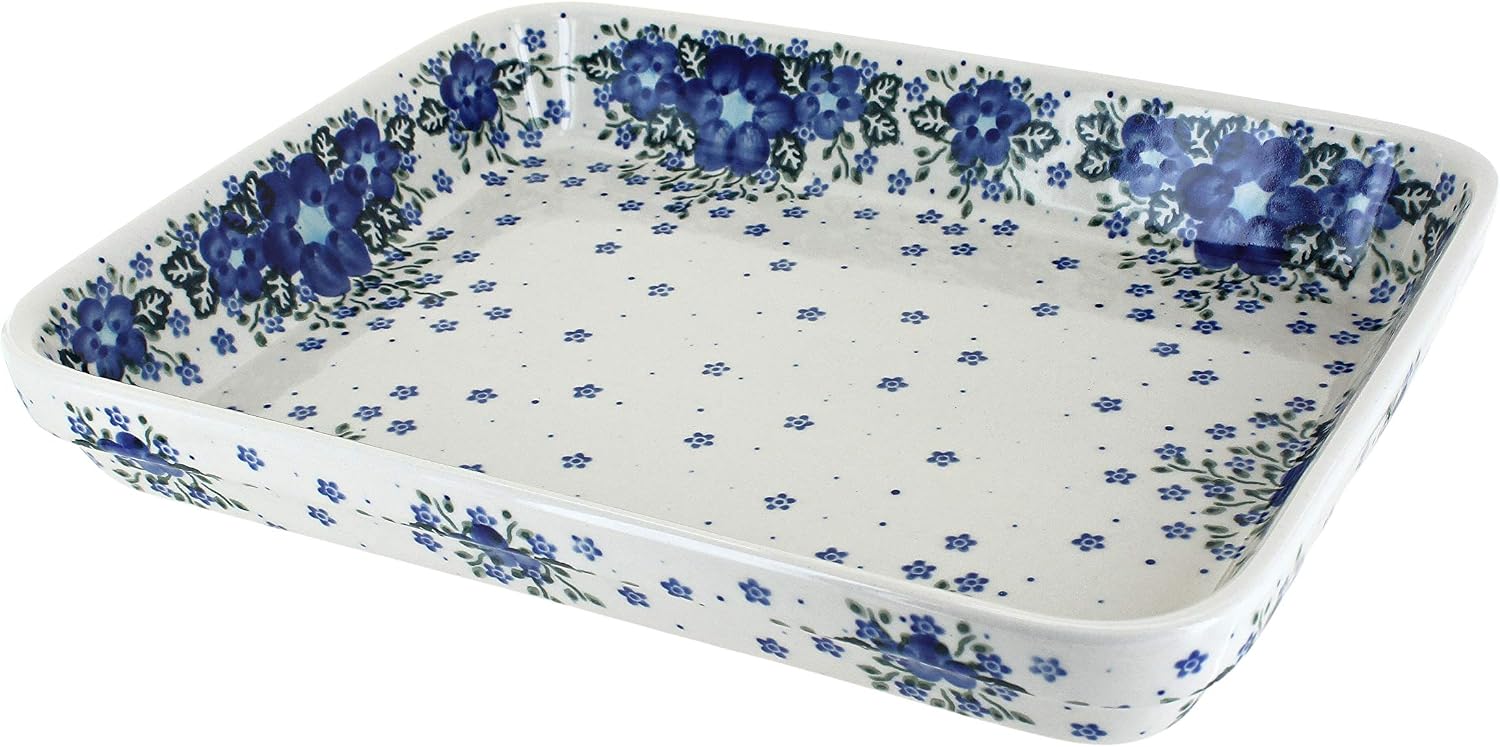 Blue Rose Polish Pottery - Blue Melanie Medium Rectangular Baker - 12' x 9.25' - Unique, Dishwasher Safe, & Durable Bakeware