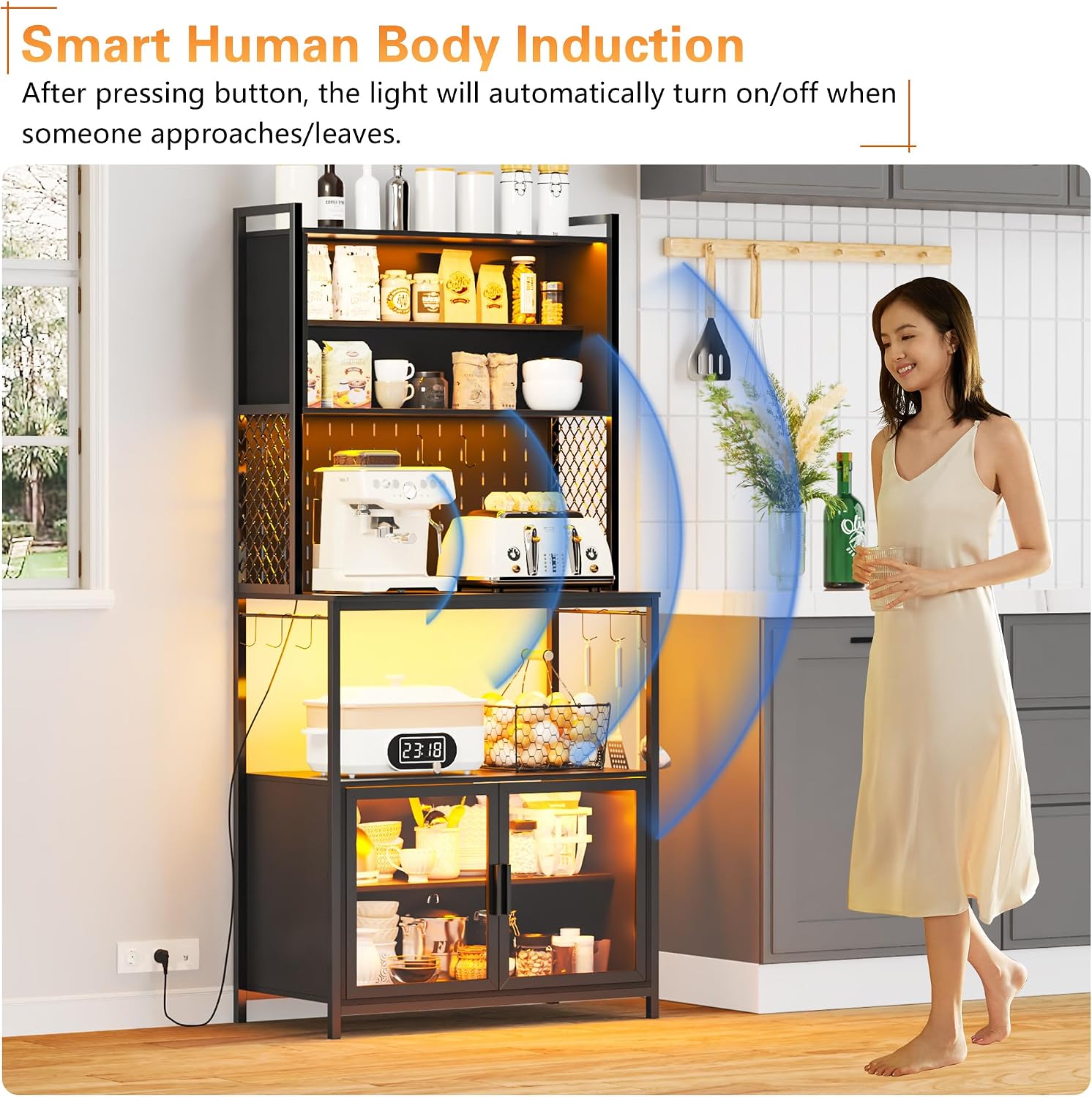 67'' LED Kitchen Pantry Cabinet with Pegboard, 3 Color Dimmable Bakers Rack with Charging Station Adjustable Shelves and Hooks, Microwave Stand with Storage