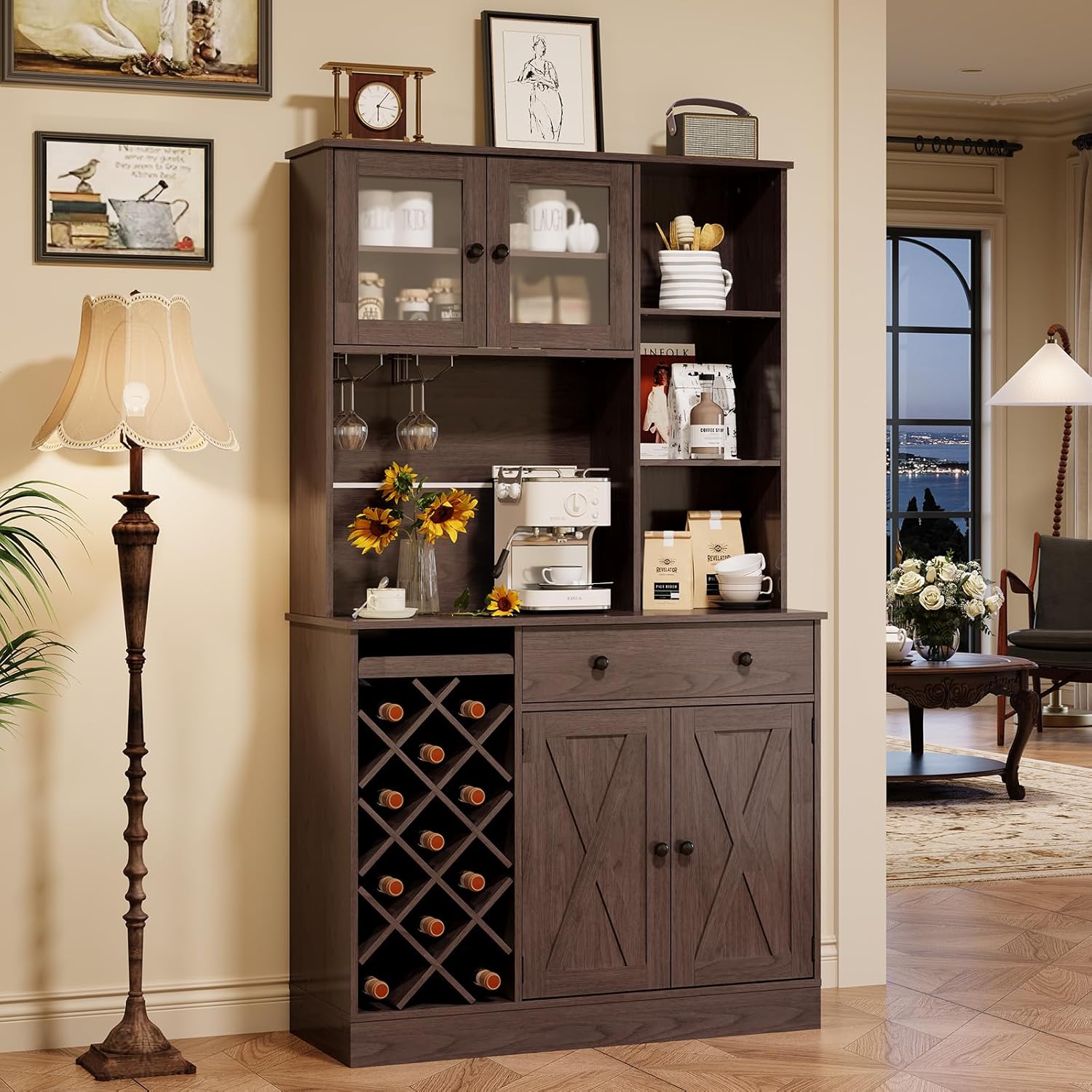 Coffee Bar Cabinet with Power Outlet & Exquisite Barn Doors, Sideboard Buffet Cabinet with Wine Bottle Rack, Storage Cabinet for Kitchen, Dining Room