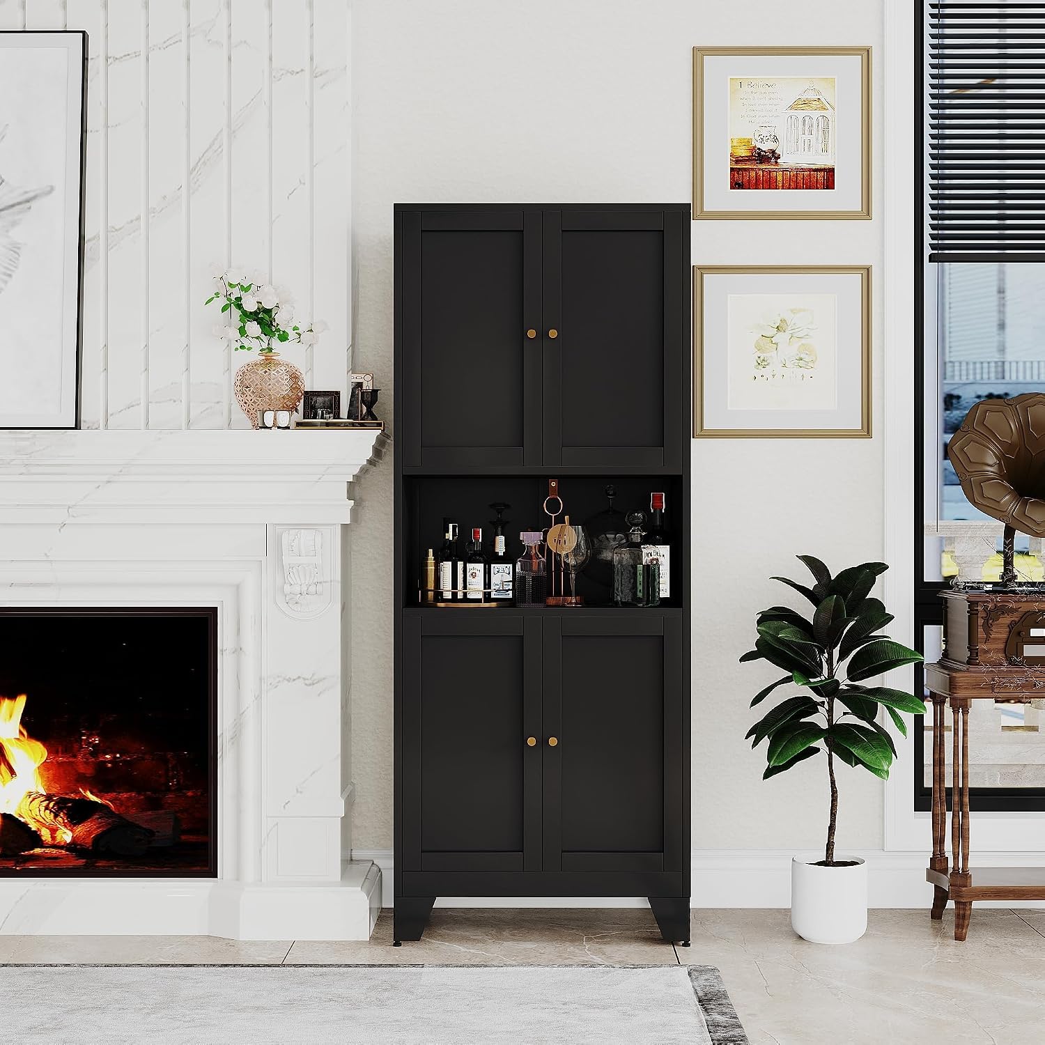 68.9'' Black Metal Kitchen Pantry Cabinet with Doors and Adjustable Shelves, Hutch Cabinet with Microwave Storage, Kitchen cabine can Also be Used in the Living Room.Bathroom, Home