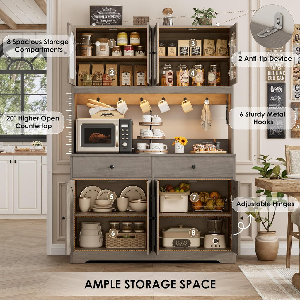 HIFIT 71' LED Kitchen Pantry Cabinet with Power Outlet, Large Kitchen Hutch Storage Cabinet with Arched Door, Shelves, 2 Drawer, Tall Farmhouse Coffee Bar w/Hutch for Home Dining Living Room, Ash Grey