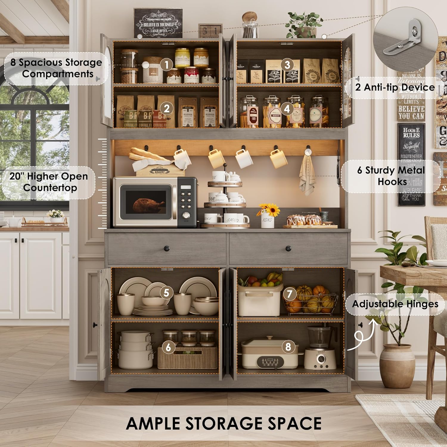 HIFIT 71' LED Kitchen Pantry Cabinet with Power Outlet, Large Kitchen Hutch Storage Cabinet with Arched Door, Shelves, 2 Drawer, Tall Farmhouse Coffee Bar w/Hutch for Home Dining Living Room, Ash Grey