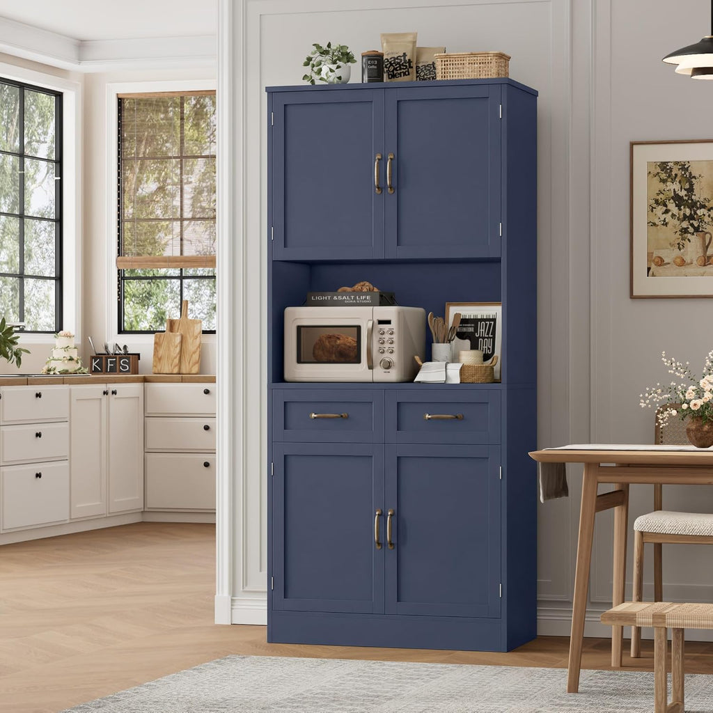HOSTACK 71' Tall Kitchen Pantry Storage Cabinet, Modern Kitchen Hutch Bar Cabinet with Microwave Stand, Wood Buffet Sideboard with Hutch, Cupboard with Drawers, Shelves for Dining Room, Blue