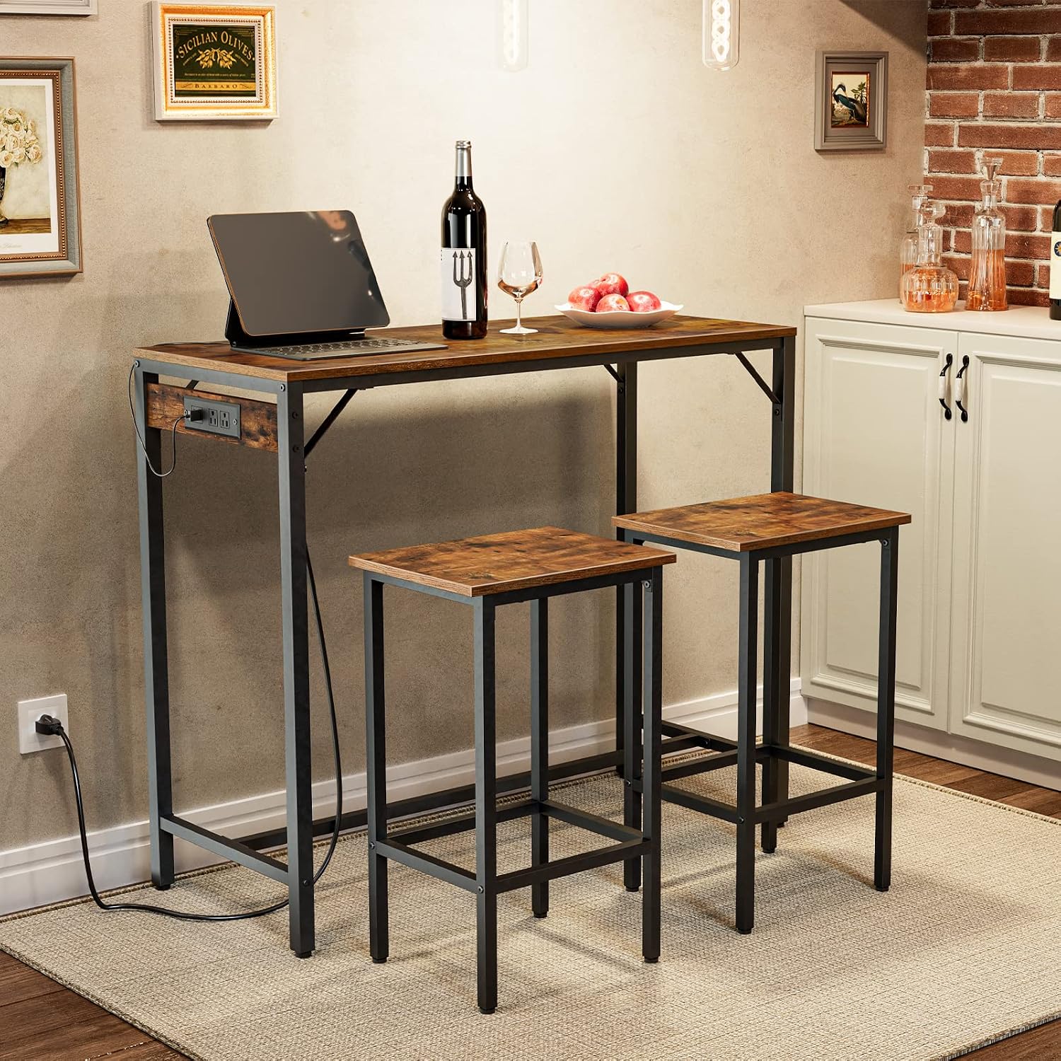 HOOBRO Bakers Rack with Power Outlet, 3-Piece Bar Table Set with Power Outlet, Bar Stools, and Chairs BF07HB01-BF45UBT01