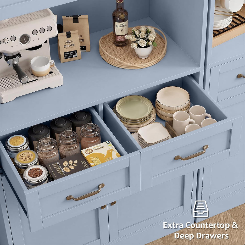 HOSTACK 71' Tall Kitchen Pantry Storage Cabinet, Modern Kitchen Hutch Bar Cabinet with Microwave Stand, Wood Buffet Sideboard with Hutch, Cupboard with Drawers, Shelves for Dining Room, Light Blue