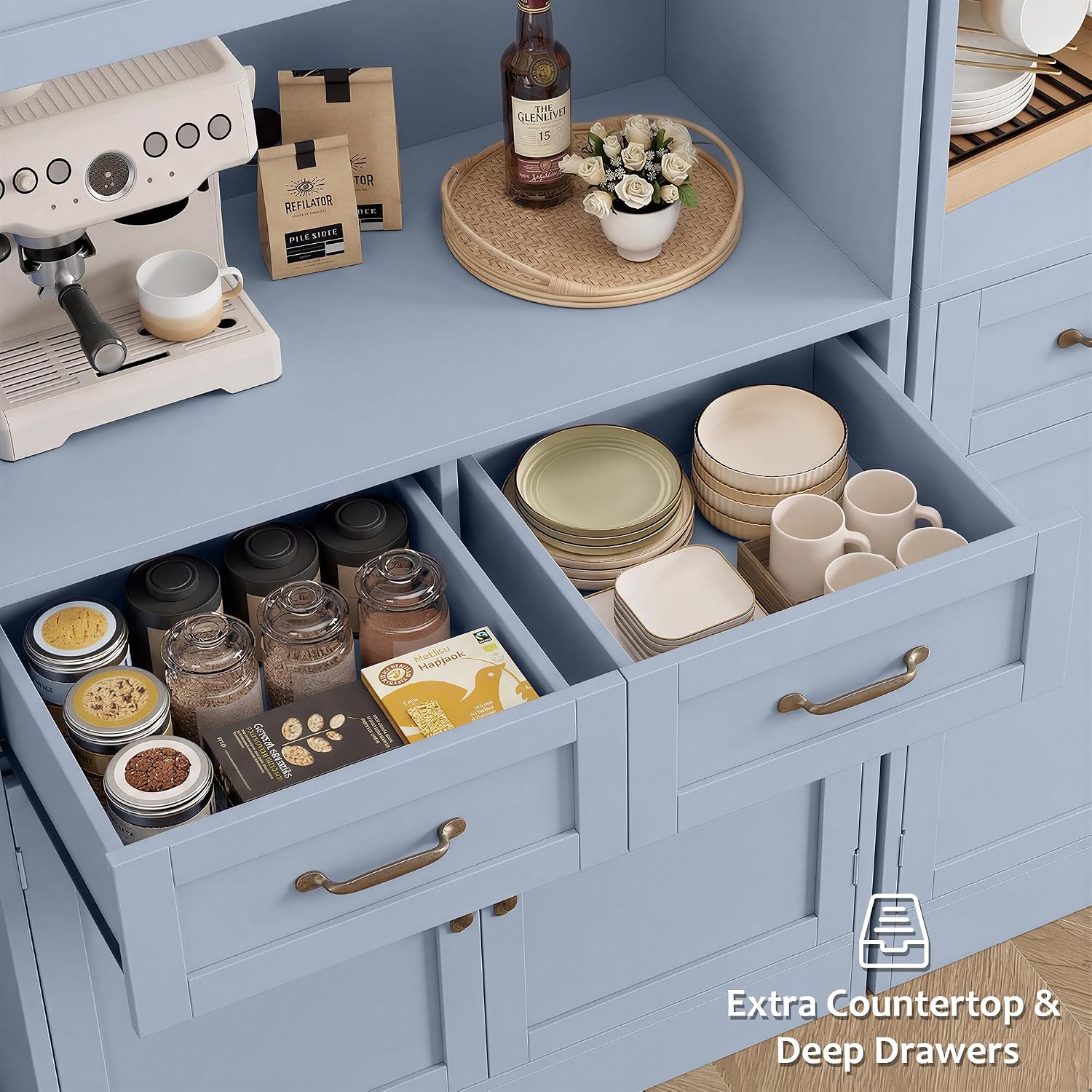 HOSTACK 71' Tall Kitchen Pantry Storage Cabinet, Modern Kitchen Hutch Bar Cabinet with Microwave Stand, Wood Buffet Sideboard with Hutch, Cupboard with Drawers, Shelves for Dining Room, Light Blue