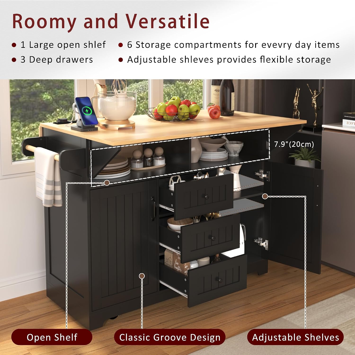 55.7'' Large Kitchen Island w/2 Drop Leaf,, Rolling Kitchen Cart on 5 Wheels with Power Outlet, Folding Storage Dining Table with Spice & Towel Rack , 3 Drawers, for Kitchen, Dining Room (Black )