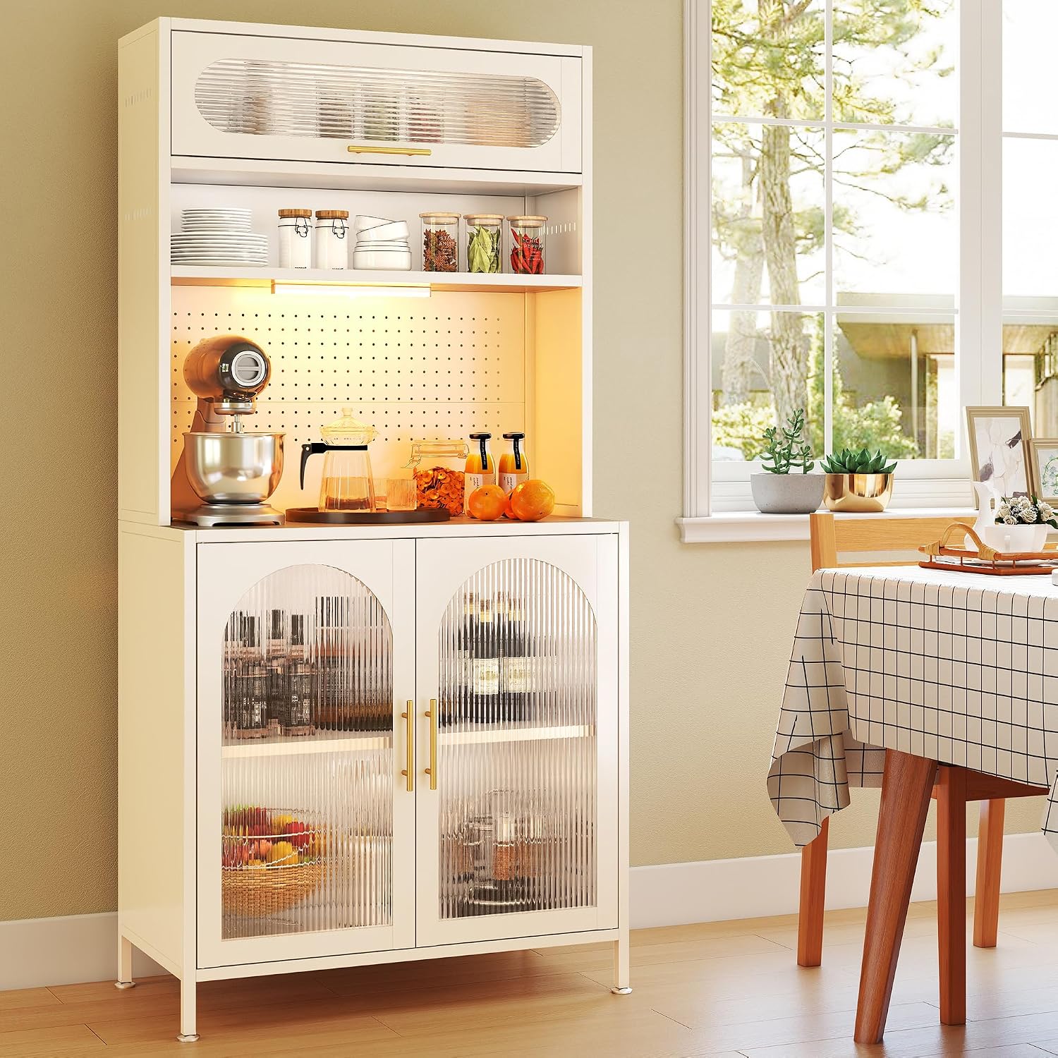 BECHEAO 5 Tier Metal Kitchen Pantry Storage Cabinet with LED Sensor Light, 66' Tall Food Pantry Cabinet, DIY Pegboard, Adjustable Shelves, Microwave Stand & Coffee Bar with Storage for Kitchen, White