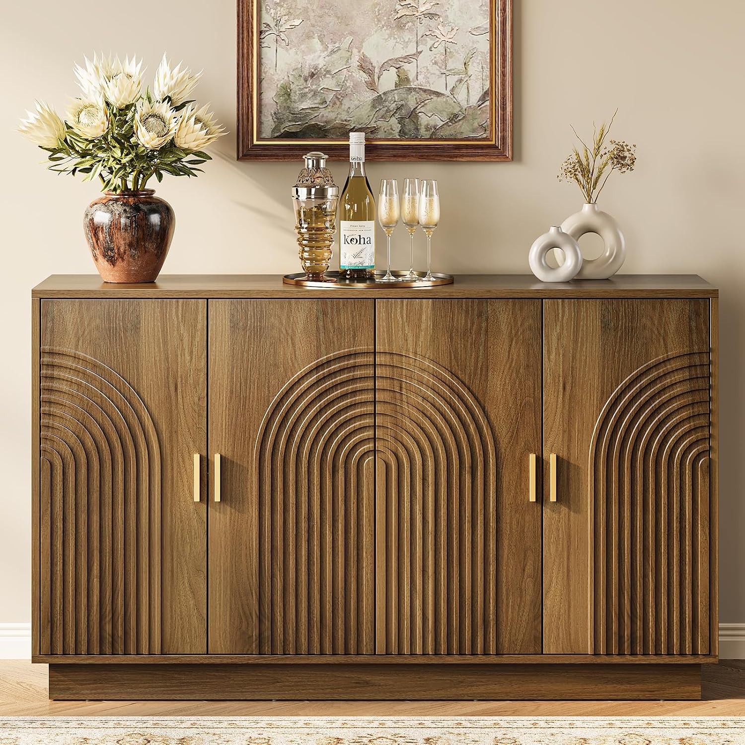 Fluted Sideboard Buffet Cabinet with Storage - 57' Credenza Coffee Bar Cabinet with 4 Doors, Accent Kitchen Storage Cabinets with Adjustable Shelves for Living Room & Kitchen, Entryway, Walnut