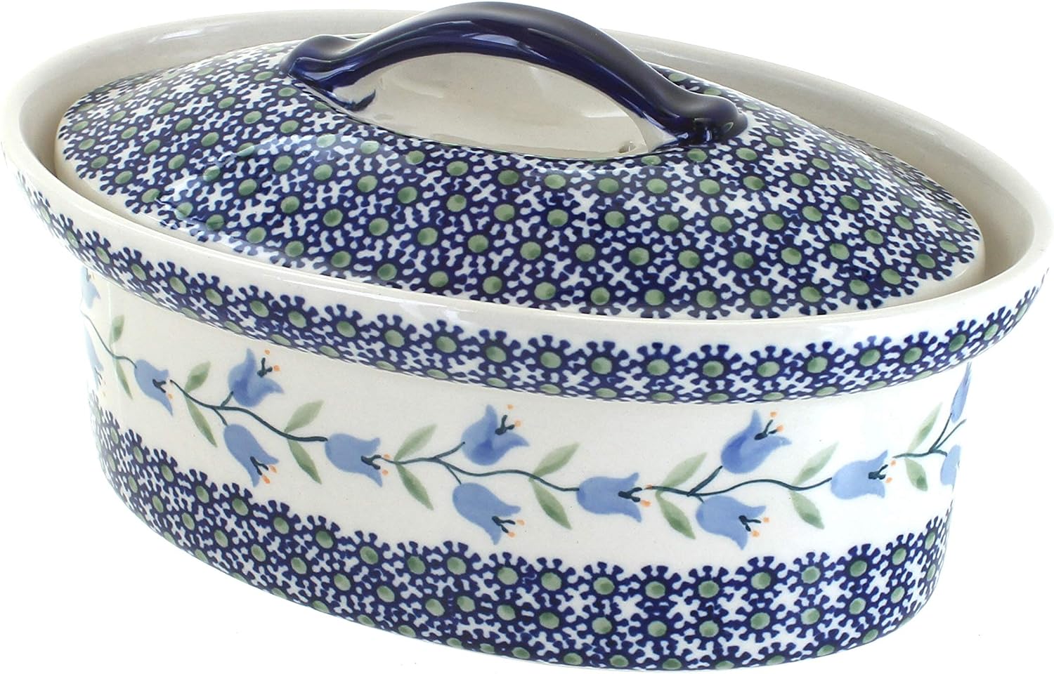 Blue Rose Polish Pottery - Blue Tulip Small Oval Covered Baker - 1 QT Capacity - Unique, Dishwasher Safe, & Durable Bakeware