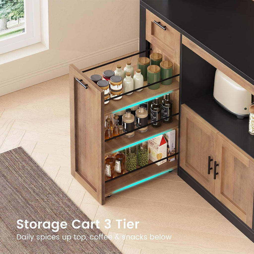 Itaar 71' Pantry Cabinet with Charging Station and LED Light, Kitchen Pantry Cabinet with Microwave Stand, 47.2' Wide Kitchen Storage Cabinets with Storage Cart 3 Tier for Dining Room,Brown