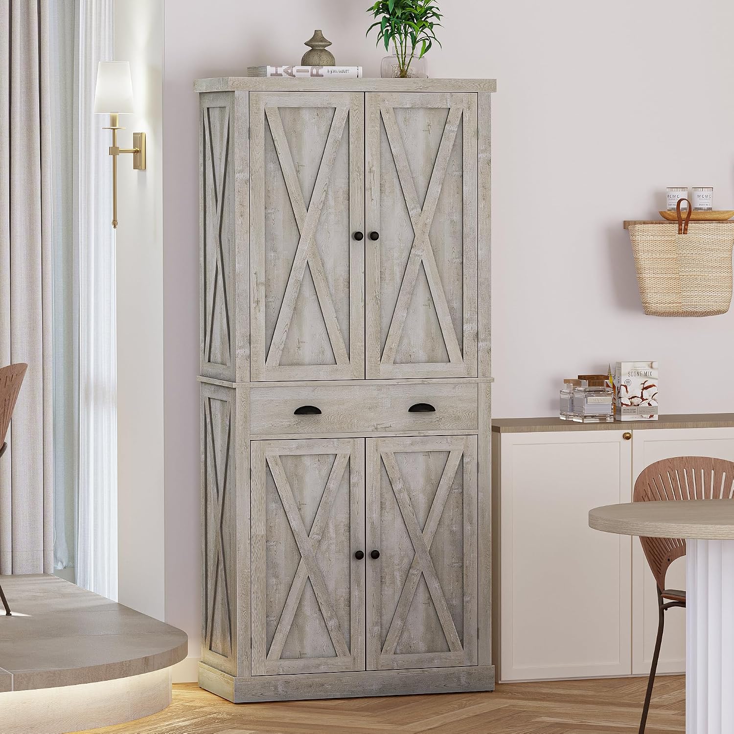 IRONCK Kitchen Pantry Storage Cabinet 72.6' H, with Barn Doors, Drawer, 4 Adjustable Shelves, Freestanding Cupboard for Dining Room Living Room, Laundry, Rustic Maple
