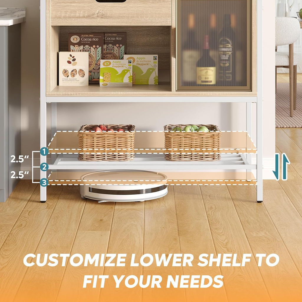 Bestier Bakers Rack with LED Lights, 6 Tier Microwave Stand with Storage Drawer Cabinet, Kitchen Coffee Bar Table with 8 Hooks, Heavy Duty Storage Shelves for Kitchen Garage Pantry(Oak Light)