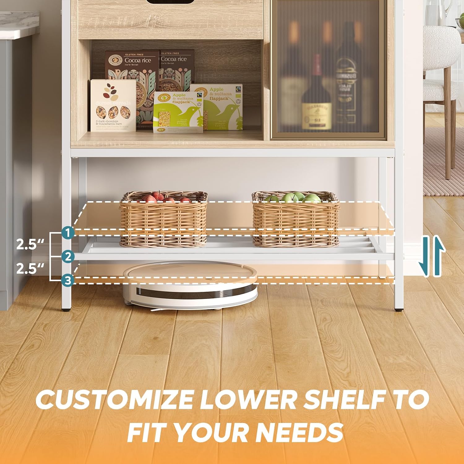 Bestier Bakers Rack with LED Lights, 6 Tier Microwave Stand with Storage Drawer Cabinet, Kitchen Coffee Bar Table with 8 Hooks, Heavy Duty Storage Shelves for Kitchen Garage Pantry(Oak Light)
