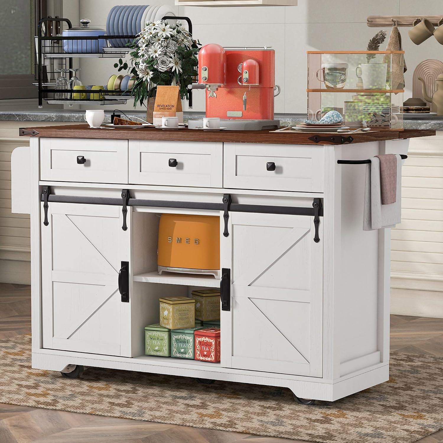 53.7' Farmhouse Rolling Kitchen Island Cart on Wheels with Power Outlet, Storage Island with Drop Leaf, Spice Rack, 2 Sliding Barn Door and Drawer for Dining Room Kitchens Living Room White