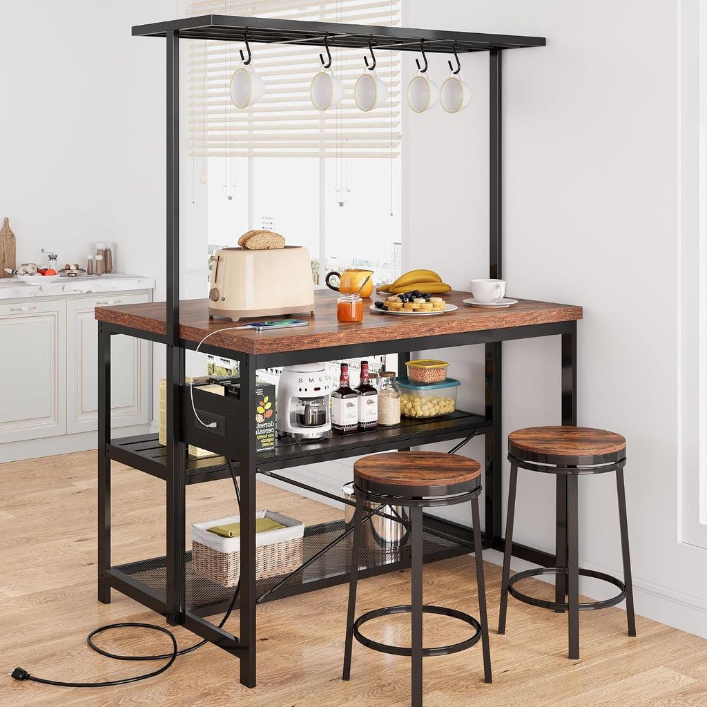 3-Tier Kitchen Island with Power Outlet & Storage Shelves – Industrial Bakers Rack – Microwave Stand with Hooks – Mobile Kitchen Cart Table – Perfect for Dining & Living Room