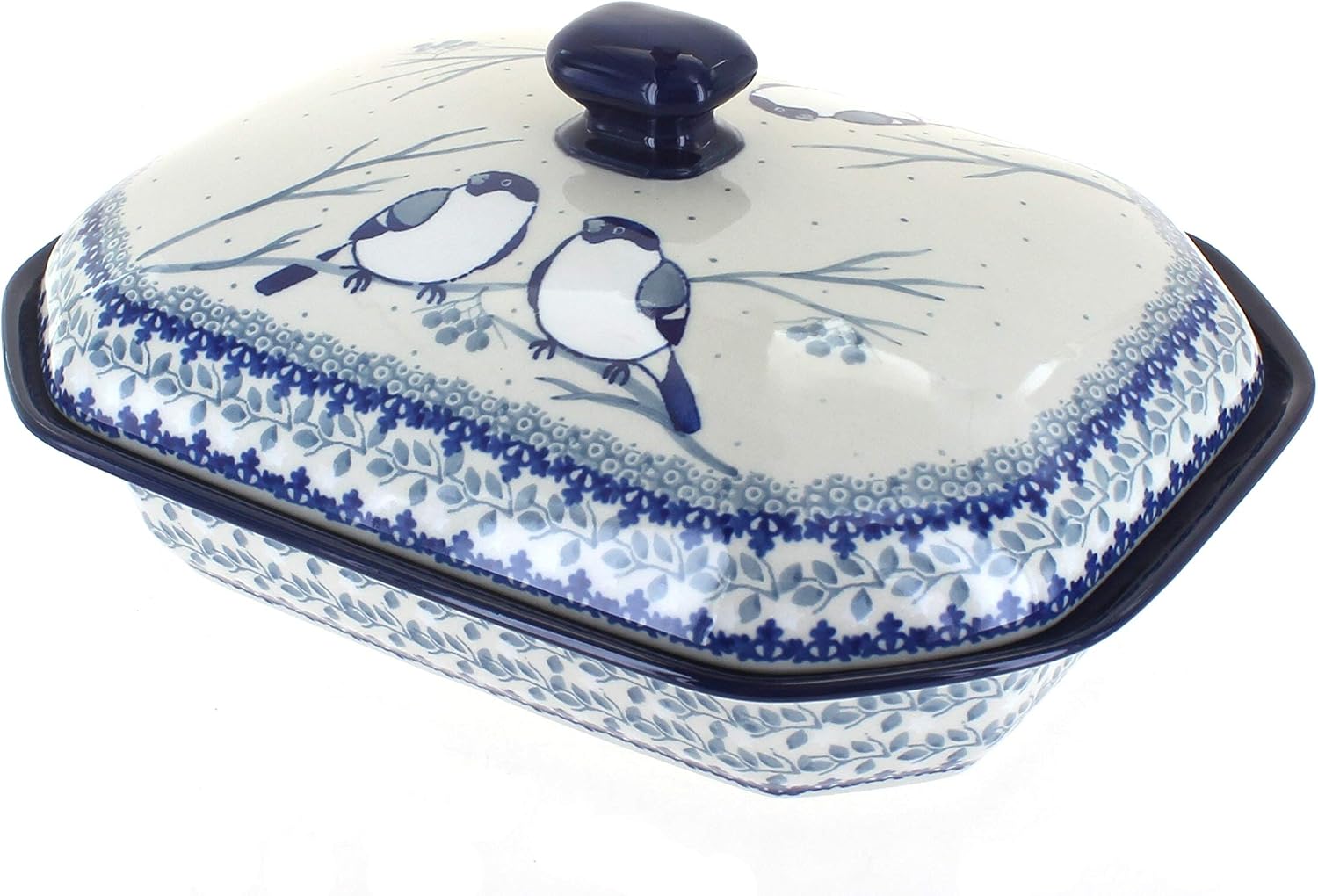 Blue Rose Polish Pottery - Bluebird Medium Covered Baker - 3 Cup Capcaity - Unique, Dishwasher Safe, & Durable Bakeware