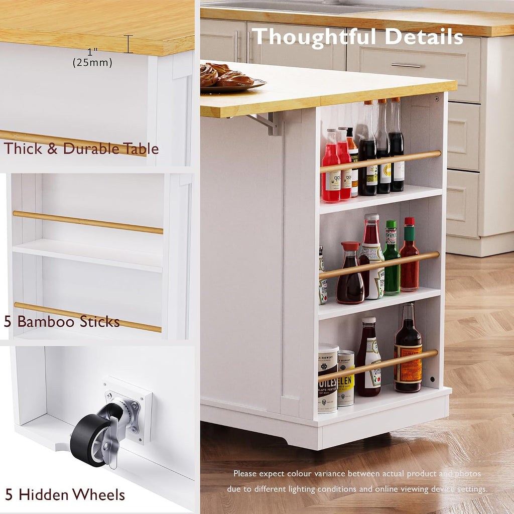 48 inch Rolling Kitchen Island Storage Cart on 5 Wheels with Drop Leaf, 2 Bar Stools, Power Outlet, Door Internal Storage Rack, 5 Open Side Racks, 2 Drawers for Dining Room, Home Bar White