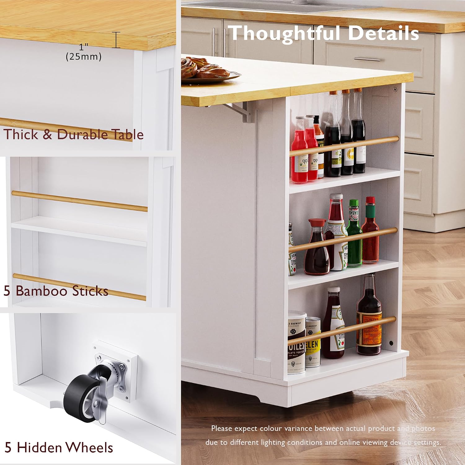 48 inch Rolling Kitchen Island Storage Cart on 5 Wheels with Drop Leaf, 2 Bar Stools, Power Outlet, Door Internal Storage Rack, 5 Open Side Racks, 2 Drawers for Dining Room, Home Bar White