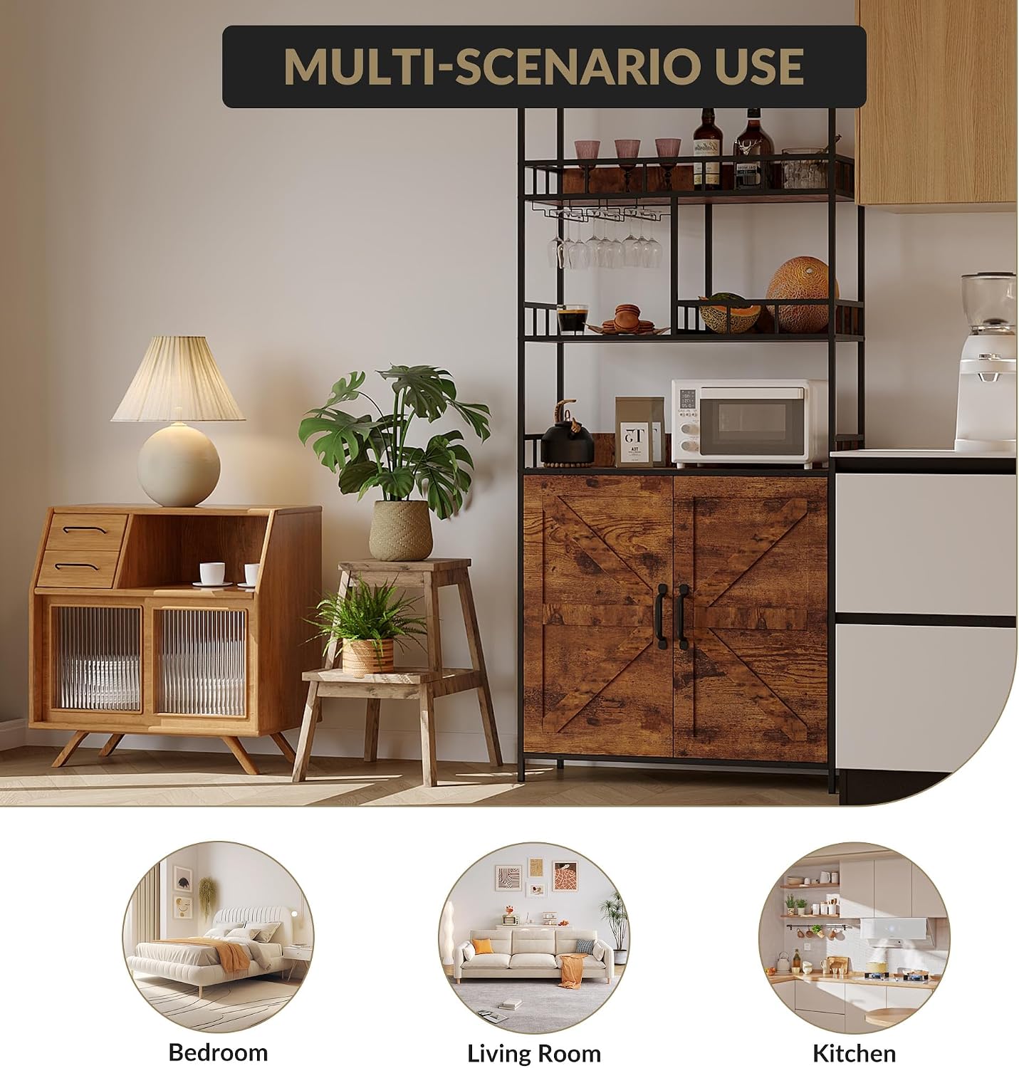 70.9' Freestanding Bakers Rack with Storage Cabinet, 5-Tier Wine Bar Cabinet with Goblet Holder & Microwave Stand – Kitchen Pantry Hutch for Dining & Living Room, Rustic Brown