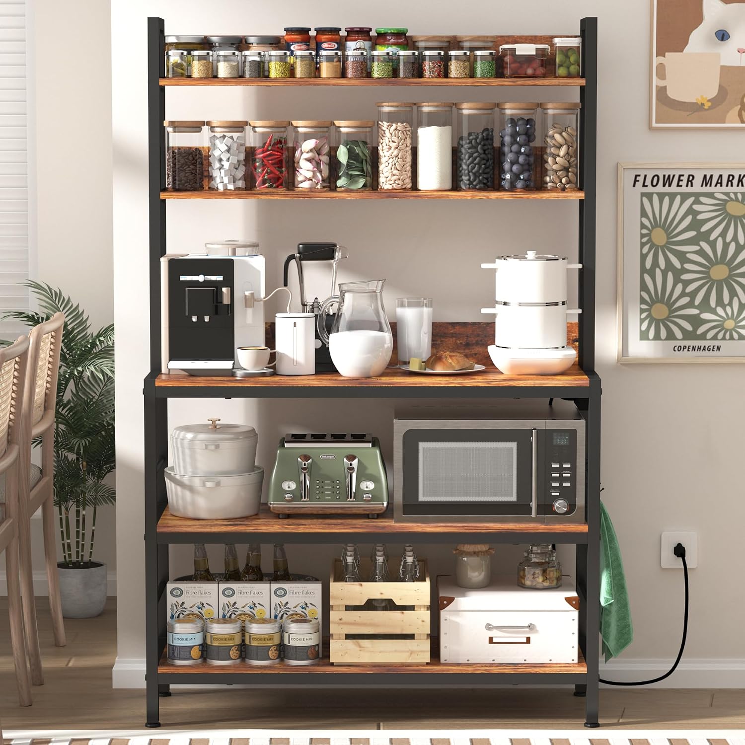 Baker Rack with Power Outlet,5-Tier Free Standing Storage Shelf Rack with Hooks,Microwave Stand with Storage, Metal Kitchen Shelf Rack for Spices,Coffee Bar Station