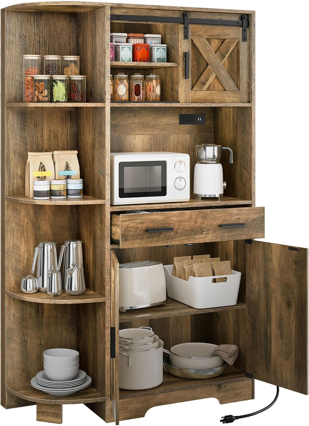 YITAHOME 67' Farmhouse Kitchen Pantry with Power Outlet, Sliding Barn Door Storage Cabinet w Charging Station, Freestanding Hutch with Shelves & Drawer, Microwave Stand Cupboard for Dining Room, Oak