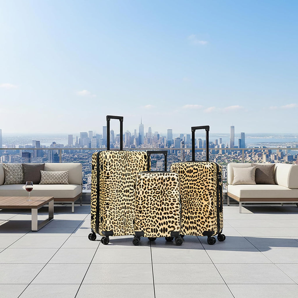 InUSA Cheetah Print Luggage with Spinner Wheels | Durable Lightweight Hardside Suitcase | Travel Bag with Handle and Trolley | (20in, 24in, 28in) 3 Piece Set