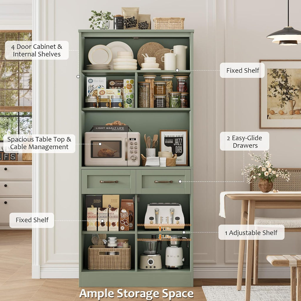 HOSTACK 71' Tall Kitchen Pantry Storage Cabinet, Modern Kitchen Hutch Bar Cabinet with Microwave Stand, Wood Buffet Sideboard with Hutch, Cupboard with Drawers, Shelves for Dining Room, Green
