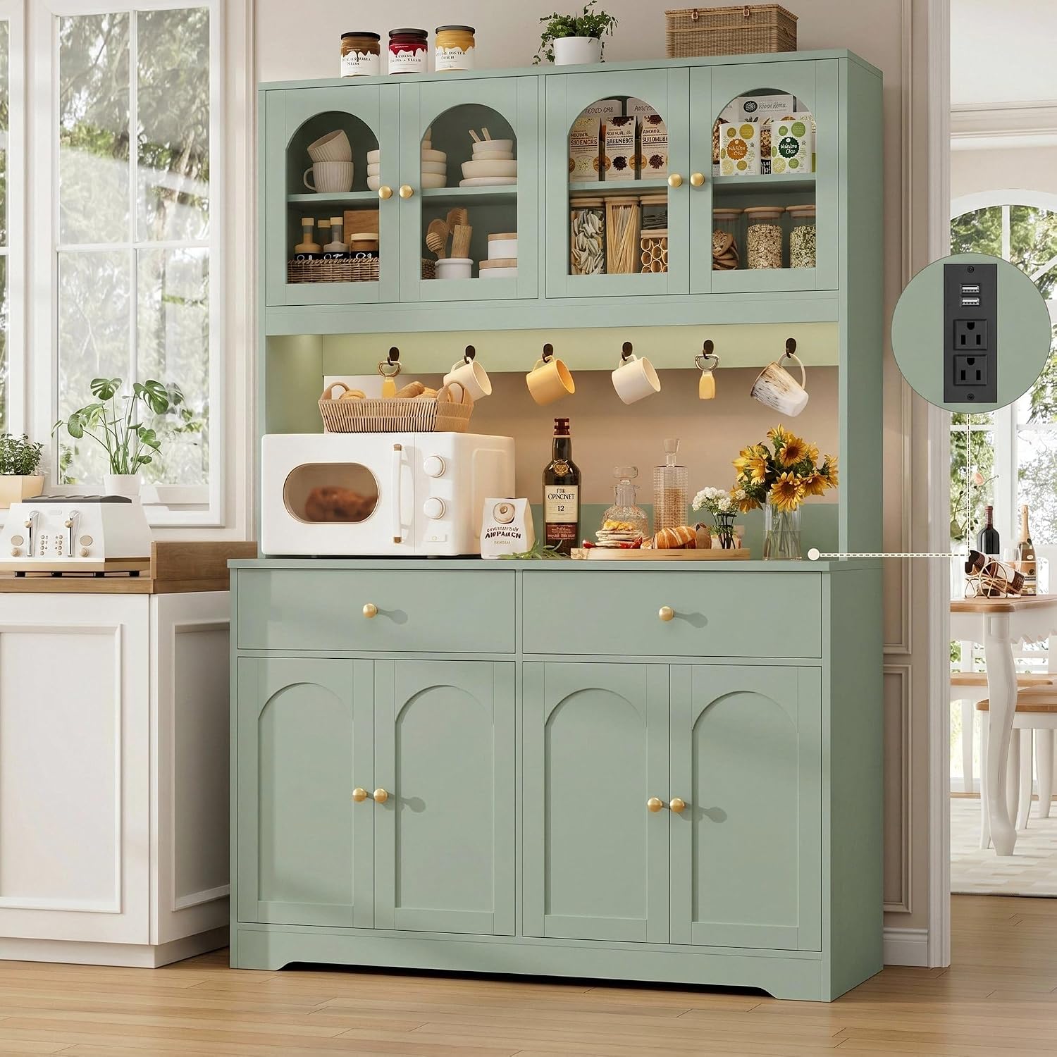 HIFIT 71' LED Kitchen Pantry Cabinet with Power Outlet, Large Kitchen Hutch Cabinet with 2 Storage Drawers & Arched Door, Countertop & Hooks, Tall China Bar for Dining Living Room (Green)