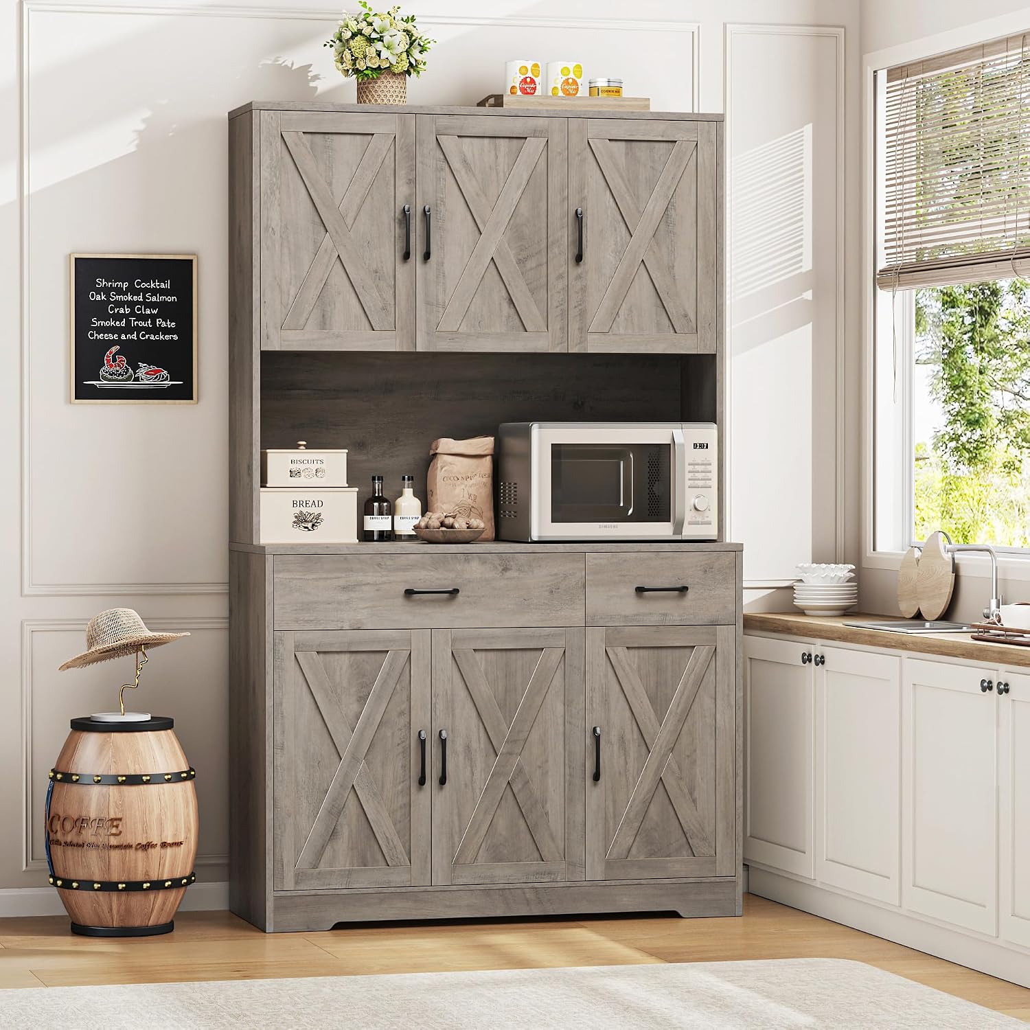 HOSTACK 71' Pantry Cabinet with Charging Station, Tall Kitchen Pantry Storage Cabinet with Microwave Stand, Farmhouse Kitchen Hutch with Storage Drawers for Living Room, Dining Room, Ash Grey