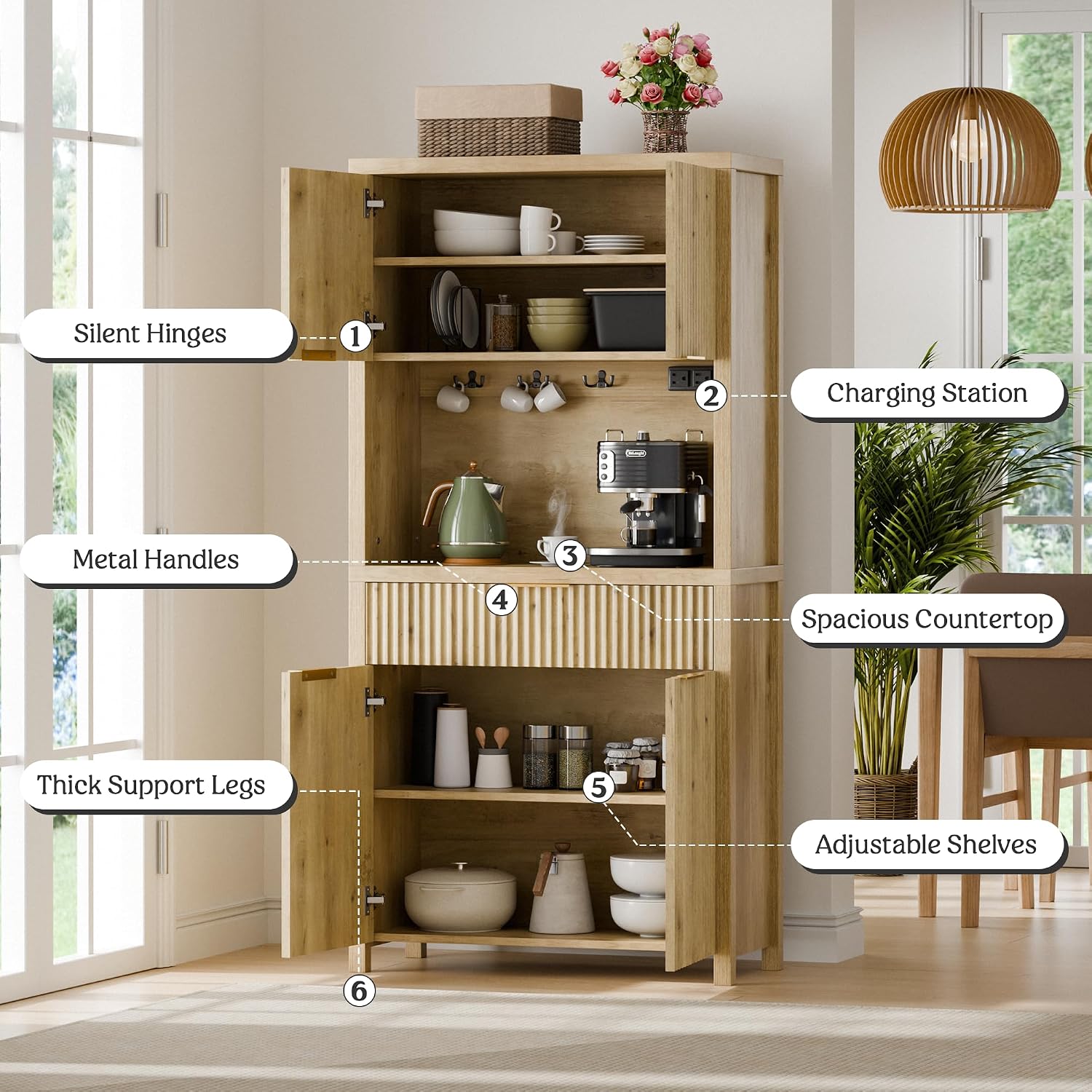Lulive 71' Fluted Pantry Cabinet with Charging Station & Adjustable Shelves, Spacious Kitchen Storage Cabinet with Open Countertop & Drawer for Dining Room, Living Room, Natrual