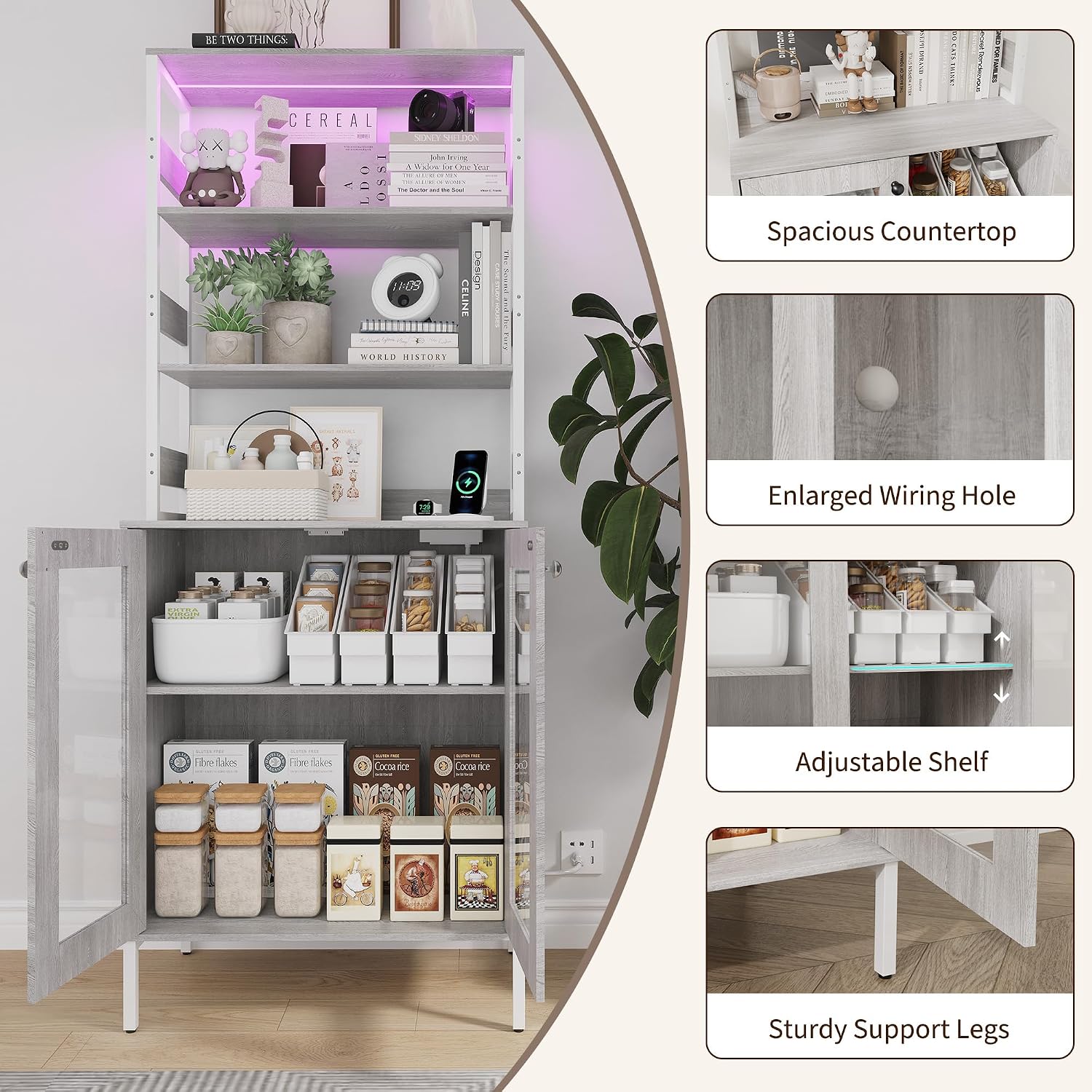 67' Tall Coffee Bar Cabinet with Power Outlets & RGB LED Lights - Kitchen Bakers Rack and Pantry Cabinet with Glass Doors - Adjustable Shelves & Display Storage for Dining Room, Living Room