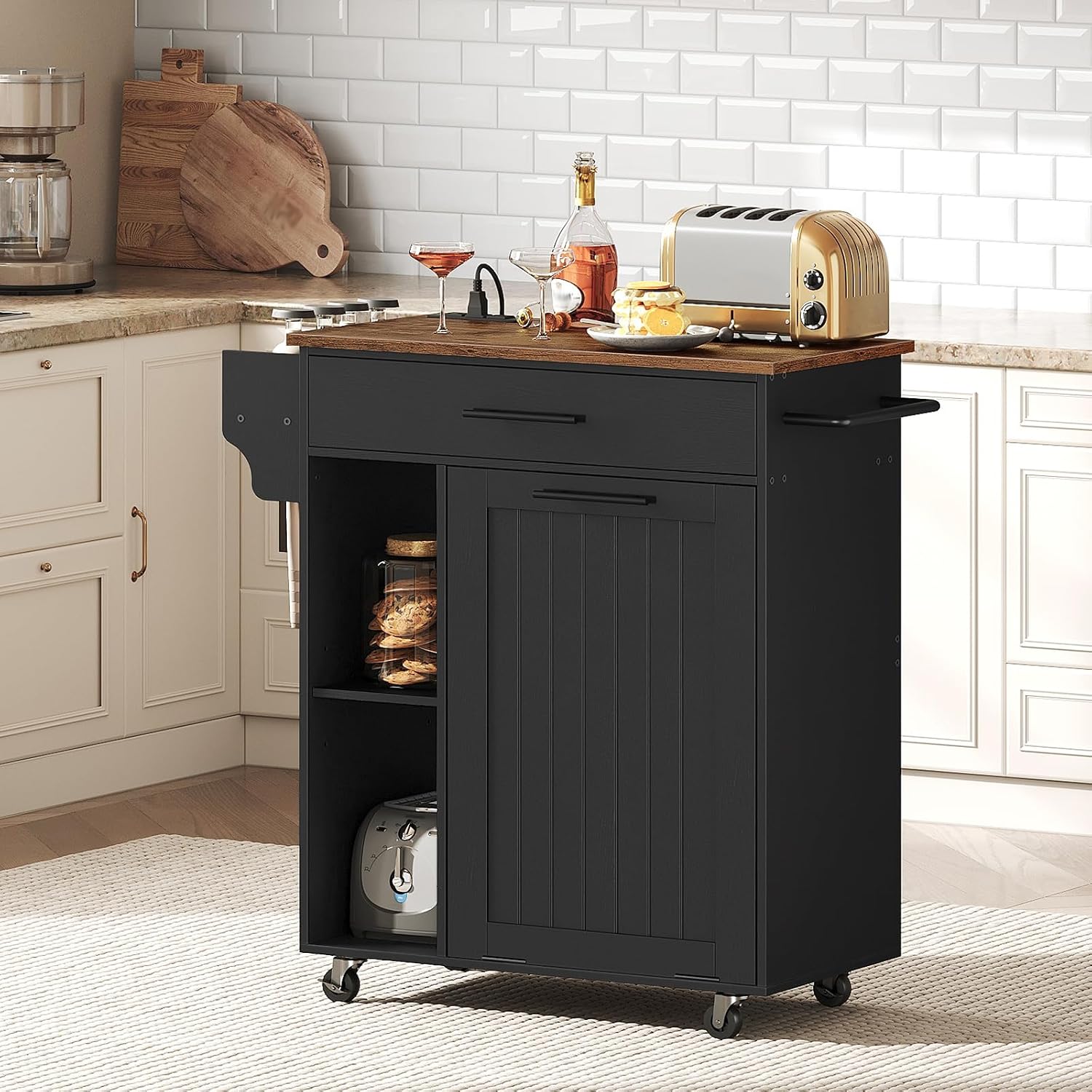 HOOBRO Kitchen Island with Trash Can Storage, Rolling Kitchen Island on Wheels, Mobile Island Cart with Power Outlet, Islands Table for 10 Gallon Garbage Bin, Rustic Brown and Black BF80UZD01G1