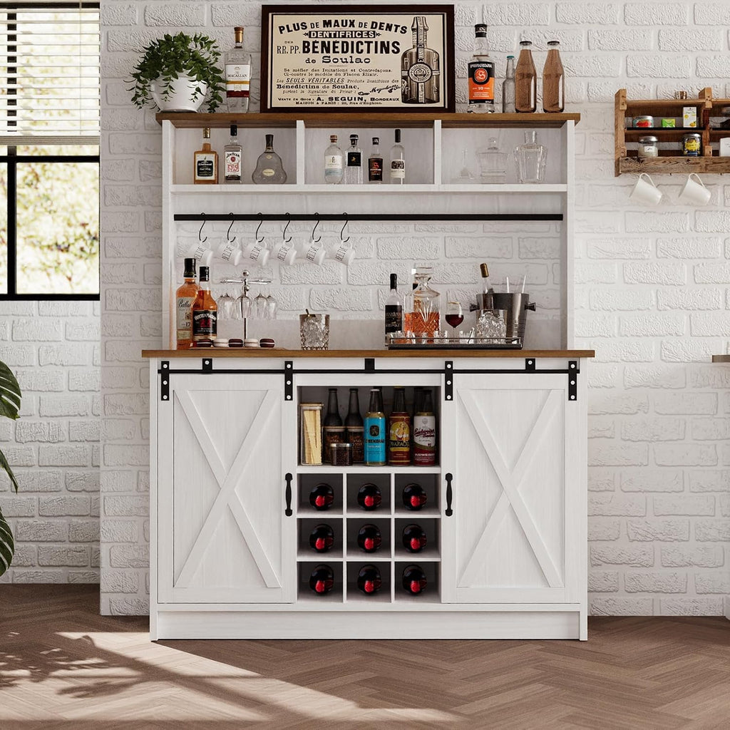 4ever2buy Farmhouse Coffee Bar Cabinet with Storage, 47' Coffee Bar with Storage Hutch & Barn Doors, Hutch Cabinet with 6 Hooks & 9 Wine Racks for Dining Room, Kitchen, White