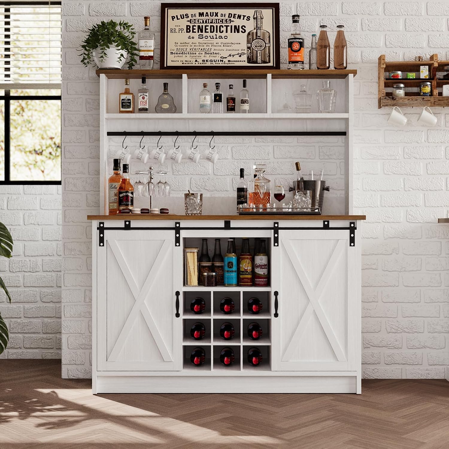 4ever2buy Farmhouse Coffee Bar Cabinet with Storage, 47' Coffee Bar with Storage Hutch & Barn Doors, Hutch Cabinet with 6 Hooks & 9 Wine Racks for Dining Room, Kitchen, White
